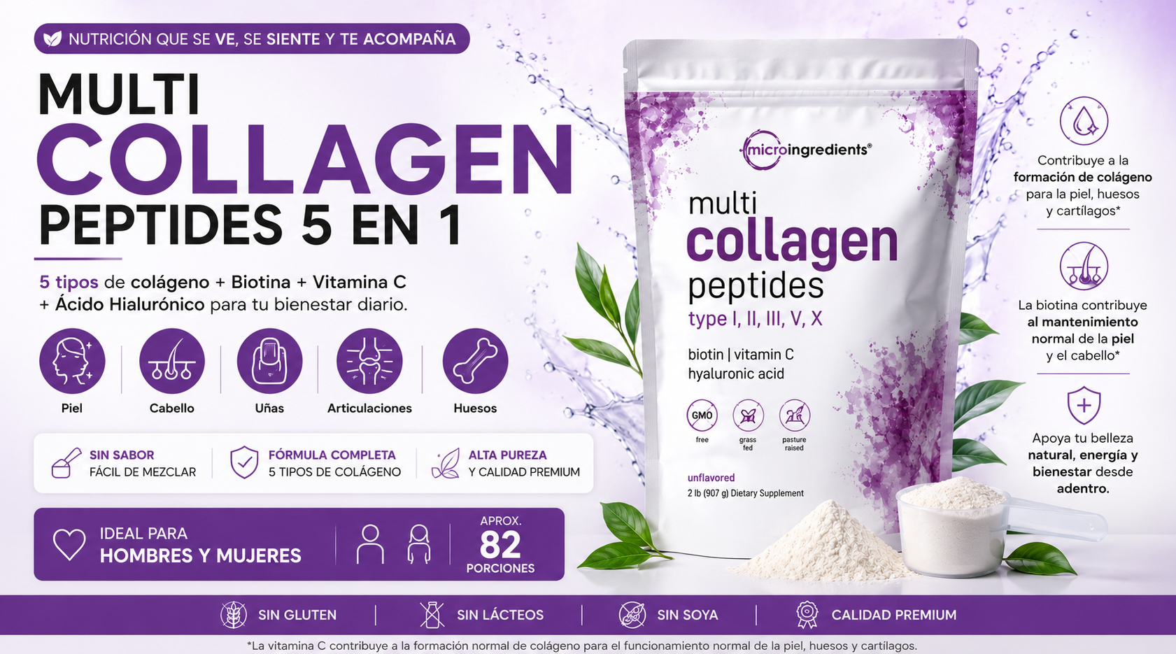 “Colágeno Multi Péptidos 5 en 1 + Biotina y Ácido Hialurónico”